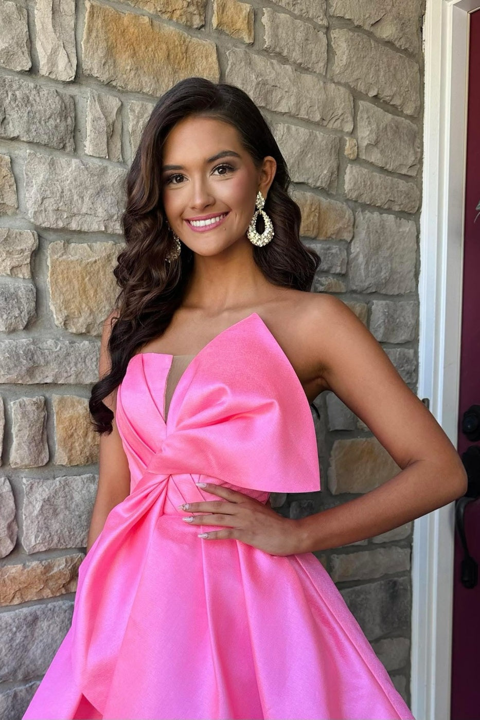 Hot Pink Satin Bow A-Line Dress