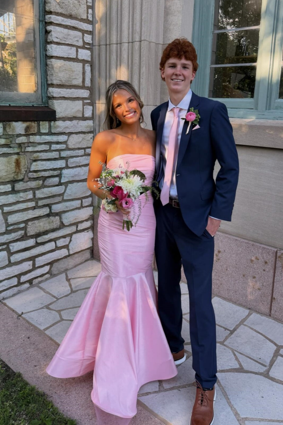 Pink Satin Strapless Mermaid Gown