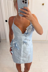 Light Blue 3D Floral Mini Dress