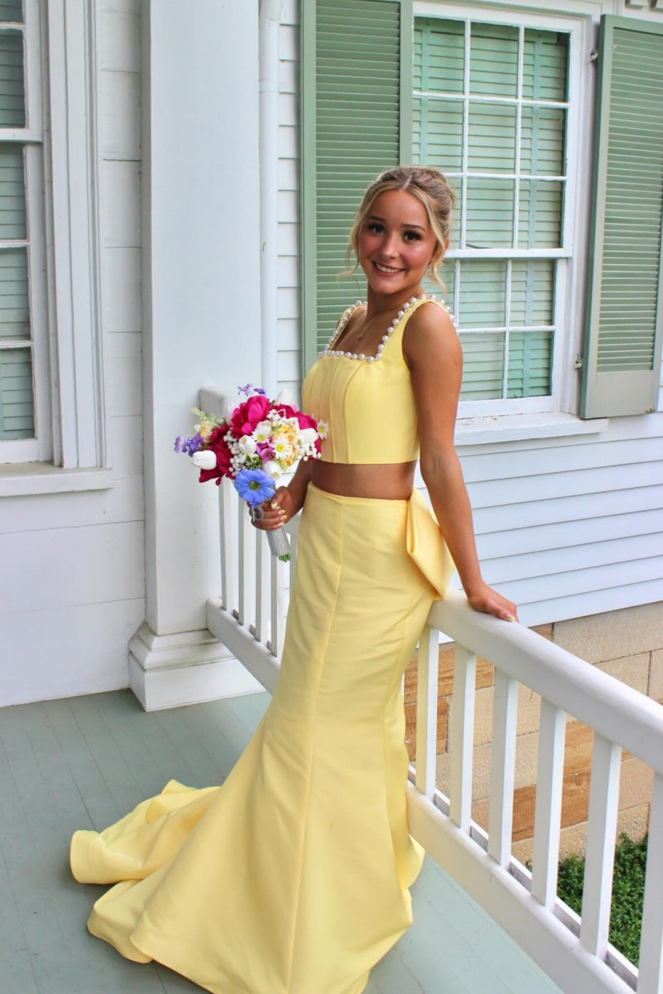 Yellow Bow Mermaid Two-Piece Prom Dress