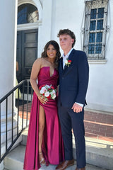 Burgundy Strapless V-Neck Prom Dress
