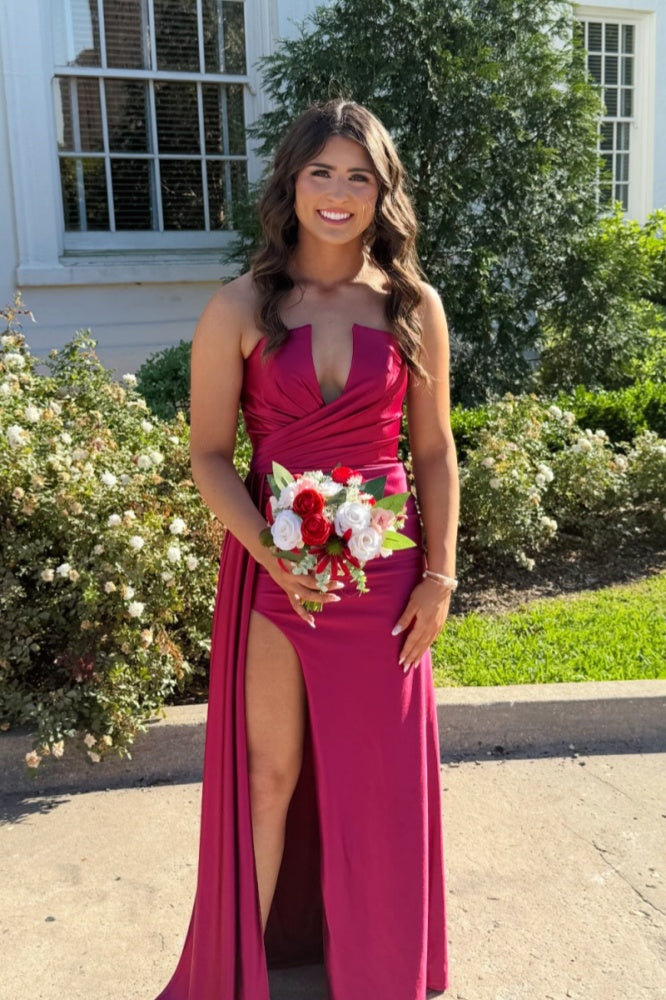 Burgundy Strapless V-Neck Prom Dress