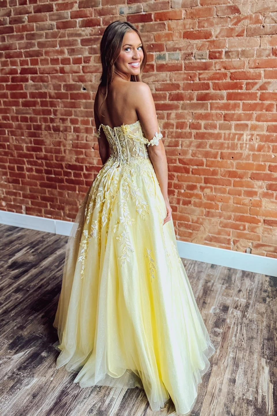 Yellow Off-the-Shoulder Floral A-Line Dress