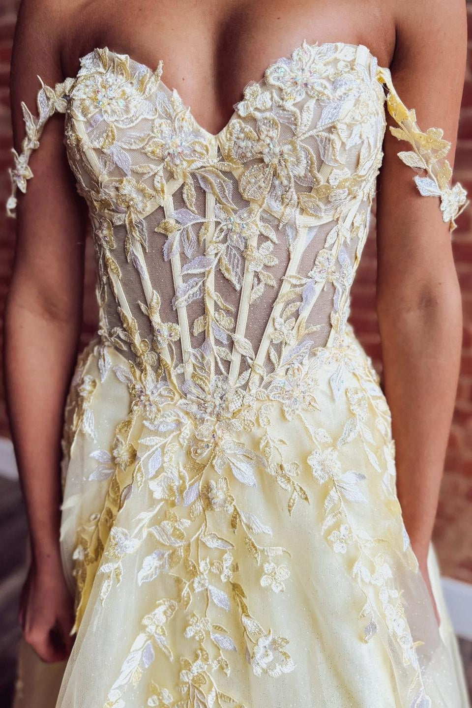 Yellow Off-the-Shoulder Floral A-Line Dress