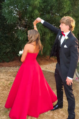 Red Satin Strapless A-Line Full-Length Dress