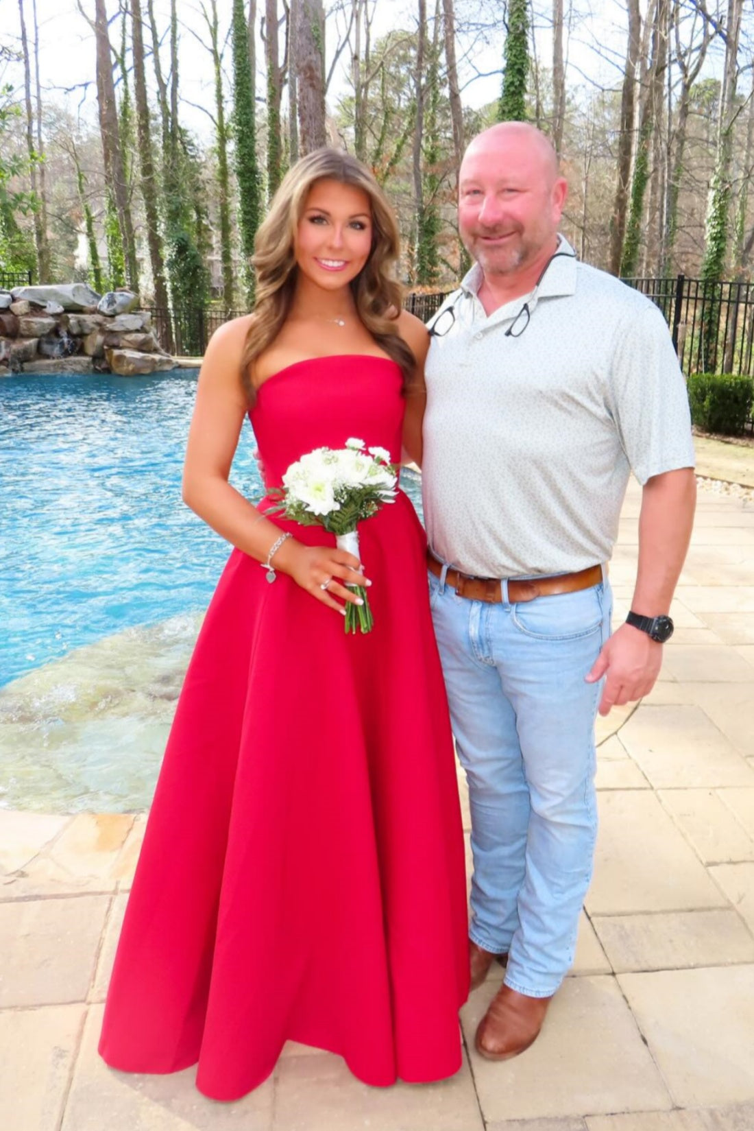 Red Satin Strapless A-Line Full-Length Dress