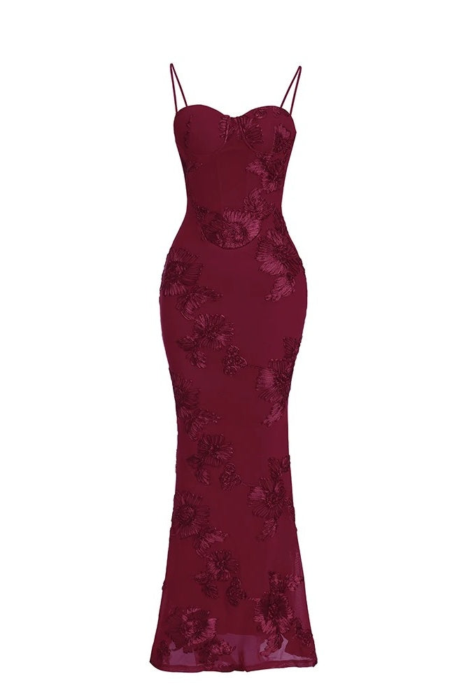 Burgundy Jacquard 3D-Pattern Mermaid Dress