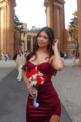 Burgundy Satin and Lace Panel Bodycon Mini Dress