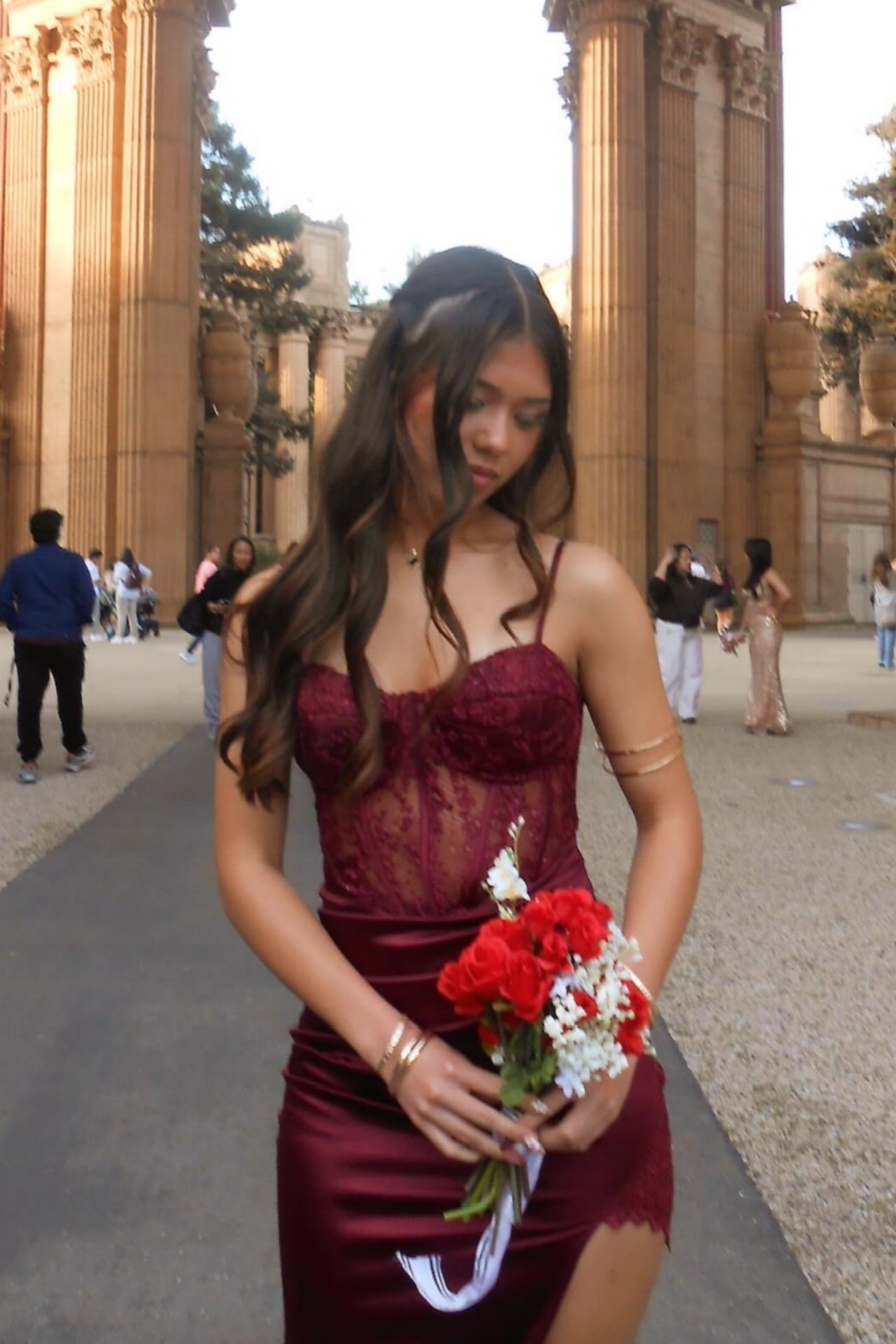 Burgundy Satin and Lace Panel Bodycon Mini Dress