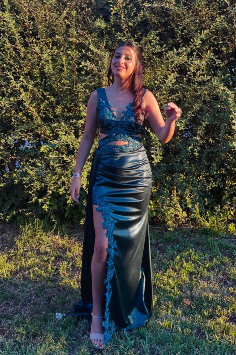 Dark Green Satin V-Neck Fitted Dress