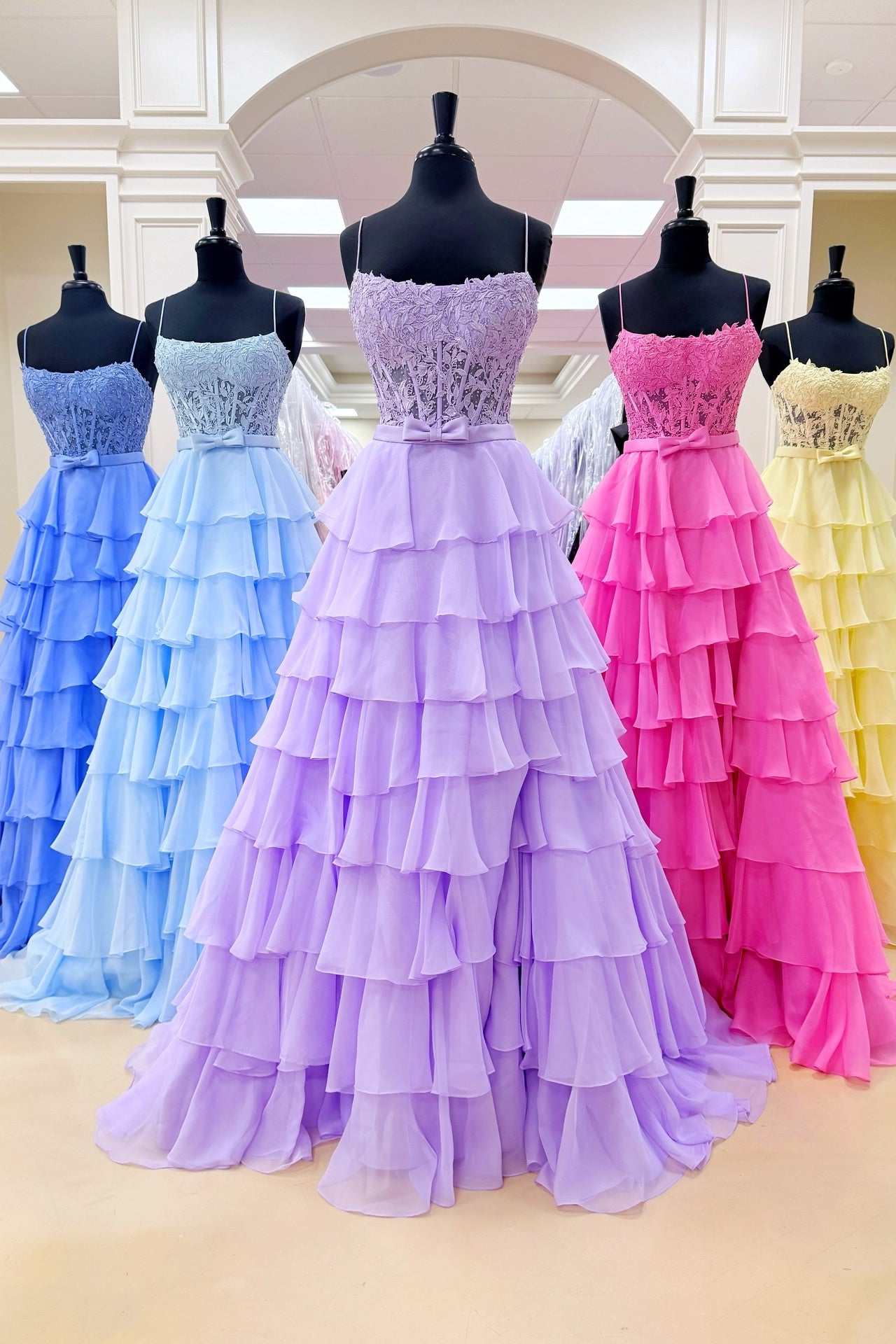 Lavender Straps Chiffon Ruffle Slit A-line Dress