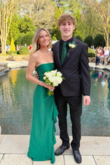 Green Strapless Satin Dress with Side Slit