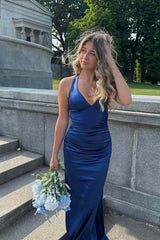 Yellow V Neck Satin Fitted Long Formal Dress