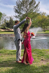 Burgundy V Neck Satin Fitted Long Formal Dress