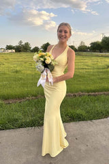 Yellow V Neck Satin Fitted Long Formal Dress
