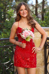 Straps Red Beaded Tight Mini Dress