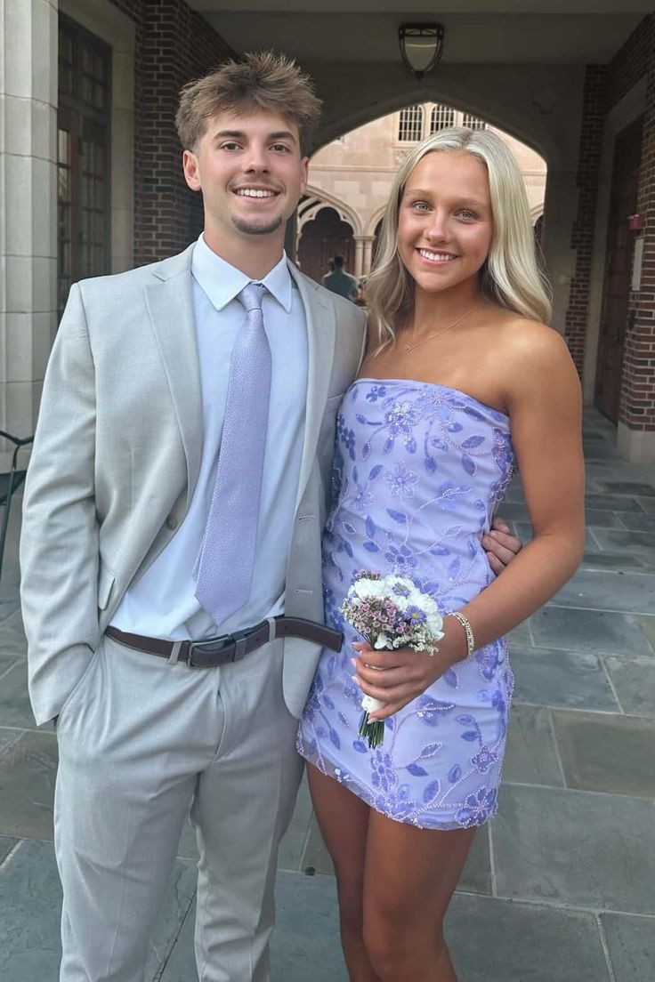 Strapless Beaded Floral Blue Tight Mini Dress