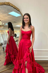 Spgahetti Strap Red A-line Ruffle Prom Dress with slit