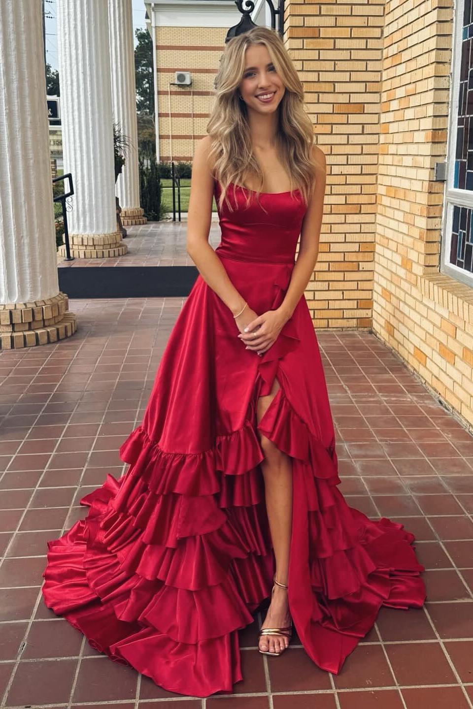 Spgahetti Strap Red A-line Ruffle Prom Dress with slit