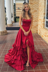 Spgahetti Strap Red A-line Ruffle Prom Dress with slit