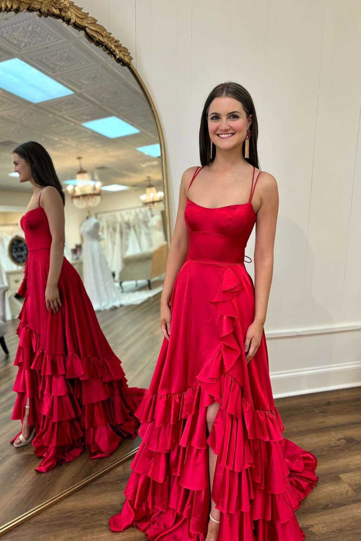 Spgahetti Strap Red A-line Ruffle Prom Dress with slit