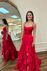 Spgahetti Strap Red A-line Ruffle Prom Dress with slit