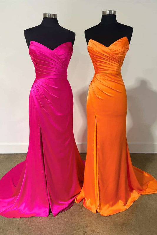Fuchsia Strapless Ruched Mermaid Prom Dress with Slit
