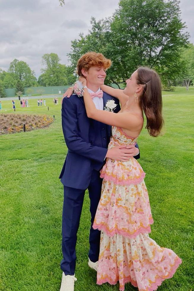 Spaghetti Straps Floral A-line Ruffle Prom Dress