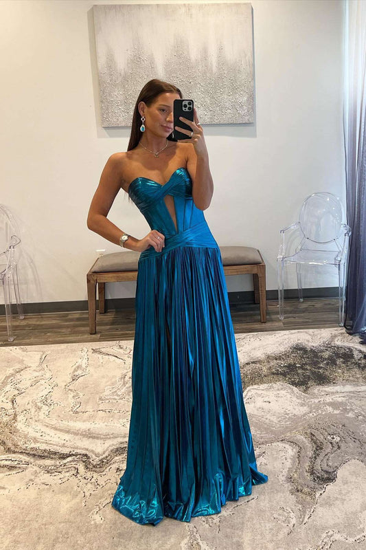 Peacock Blue Metallic Sweetheart Pleated Prom Dress