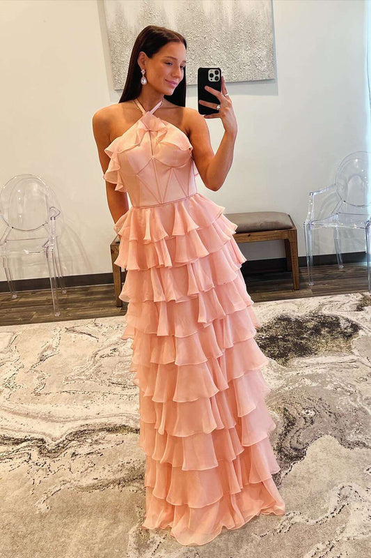 Pink Halter A-line Ruffle Prom Dress