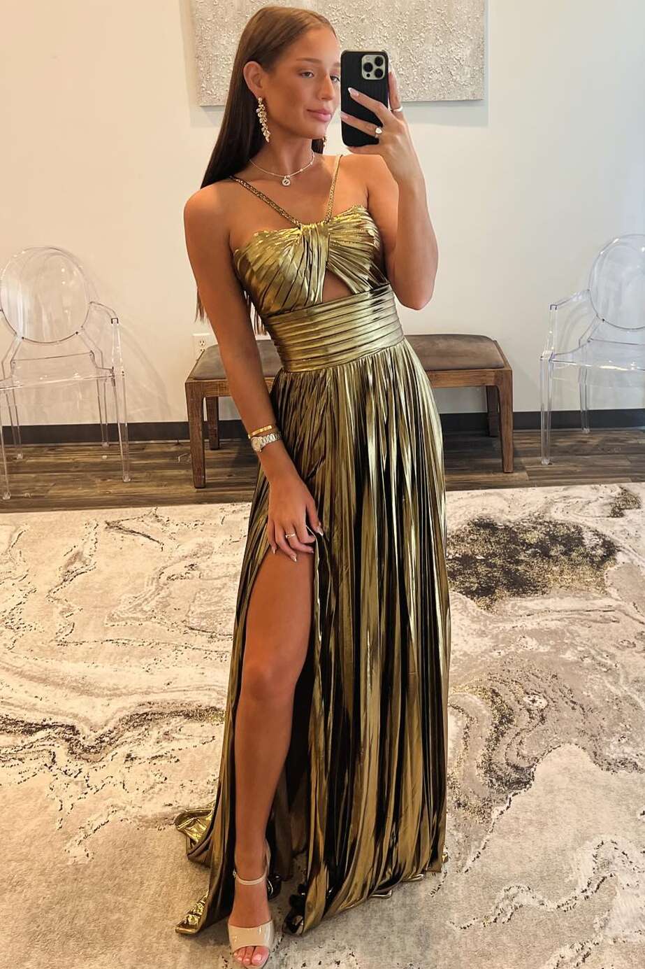 Metallic Gold Spaghetti Straps Pleated Prom Dress