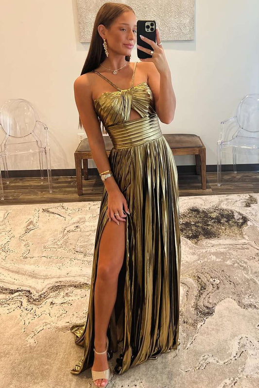Metallic Gold Spaghetti Straps Pleated Prom Dress