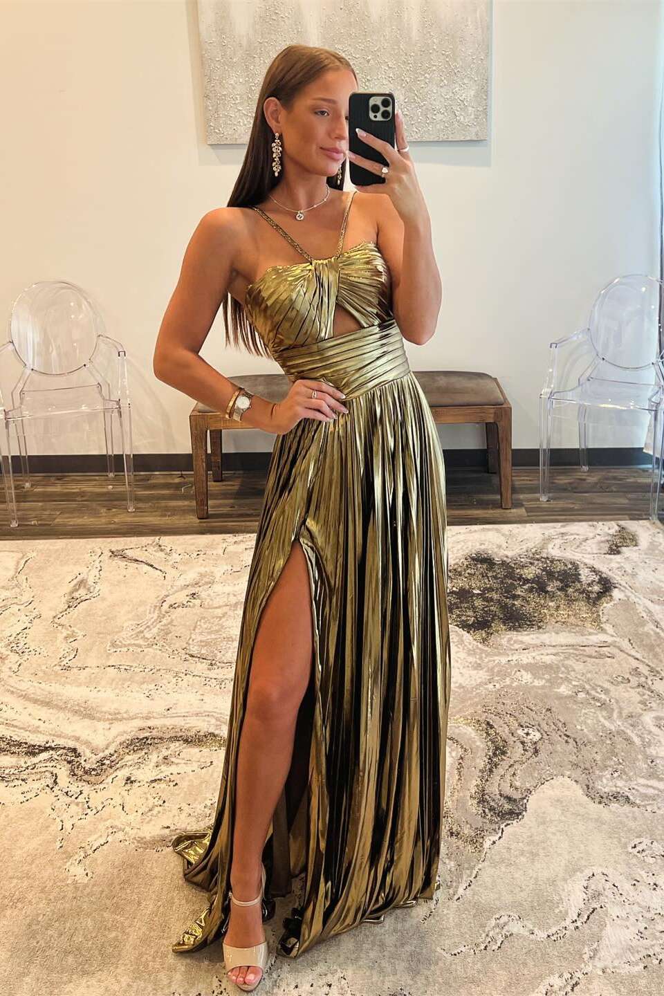 Metallic Gold Spaghetti Straps Pleated Prom Dress