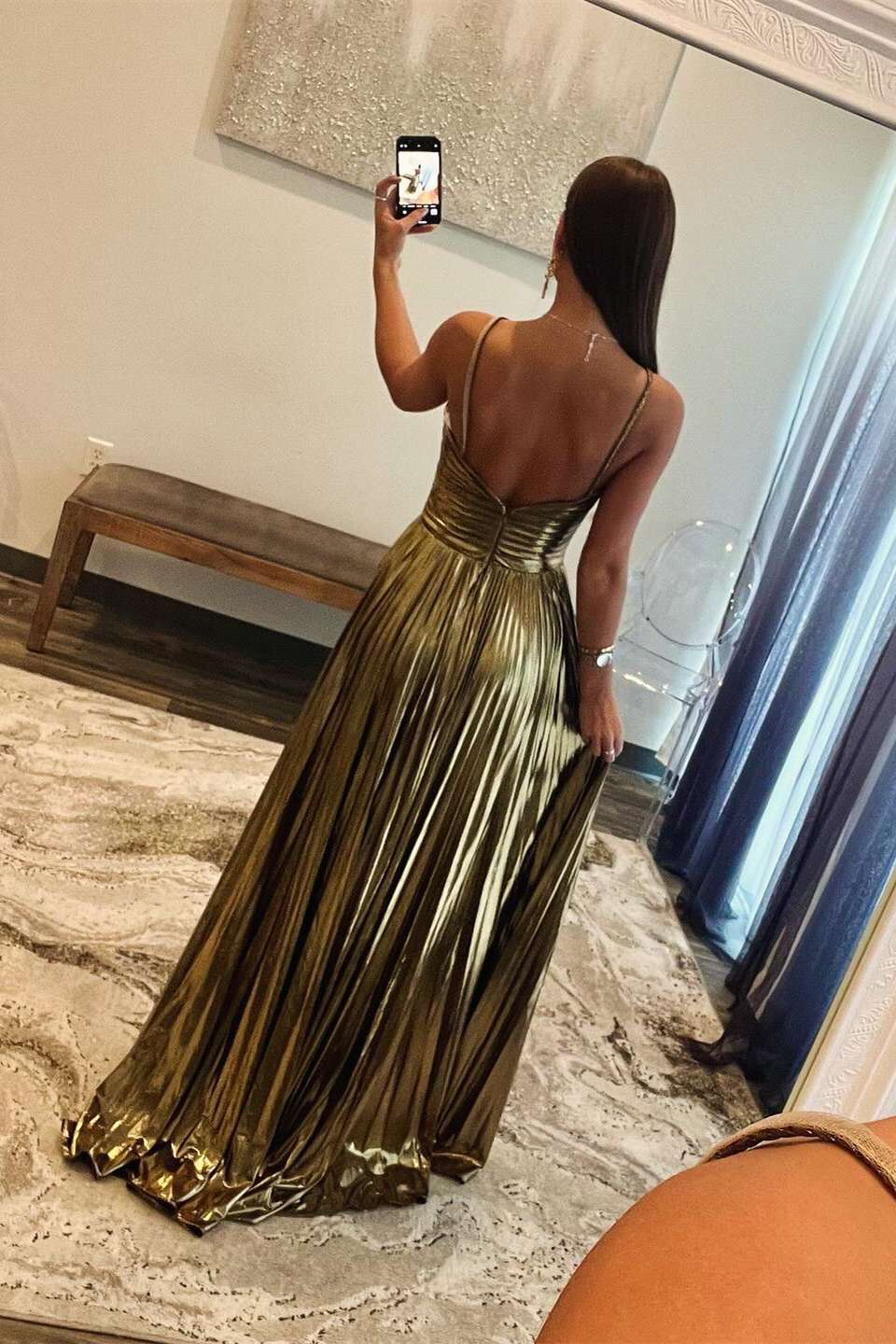 Metallic Gold Spaghetti Straps Pleated Prom Dress