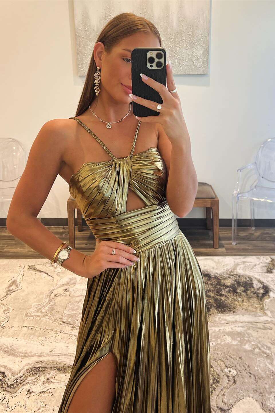 Metallic Gold Spaghetti Straps Pleated Prom Dress