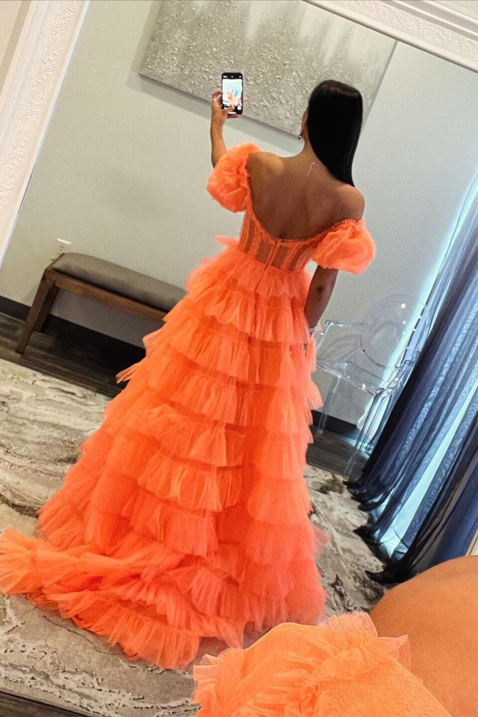 Orange Ruffle Off-the-shoulder A-line Prom Dress