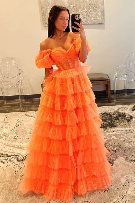 Orange Ruffle Off-the-shoulder A-line Prom Dress
