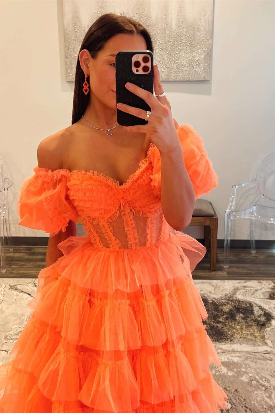 Orange Ruffle Off-the-shoulder A-line Prom Dress