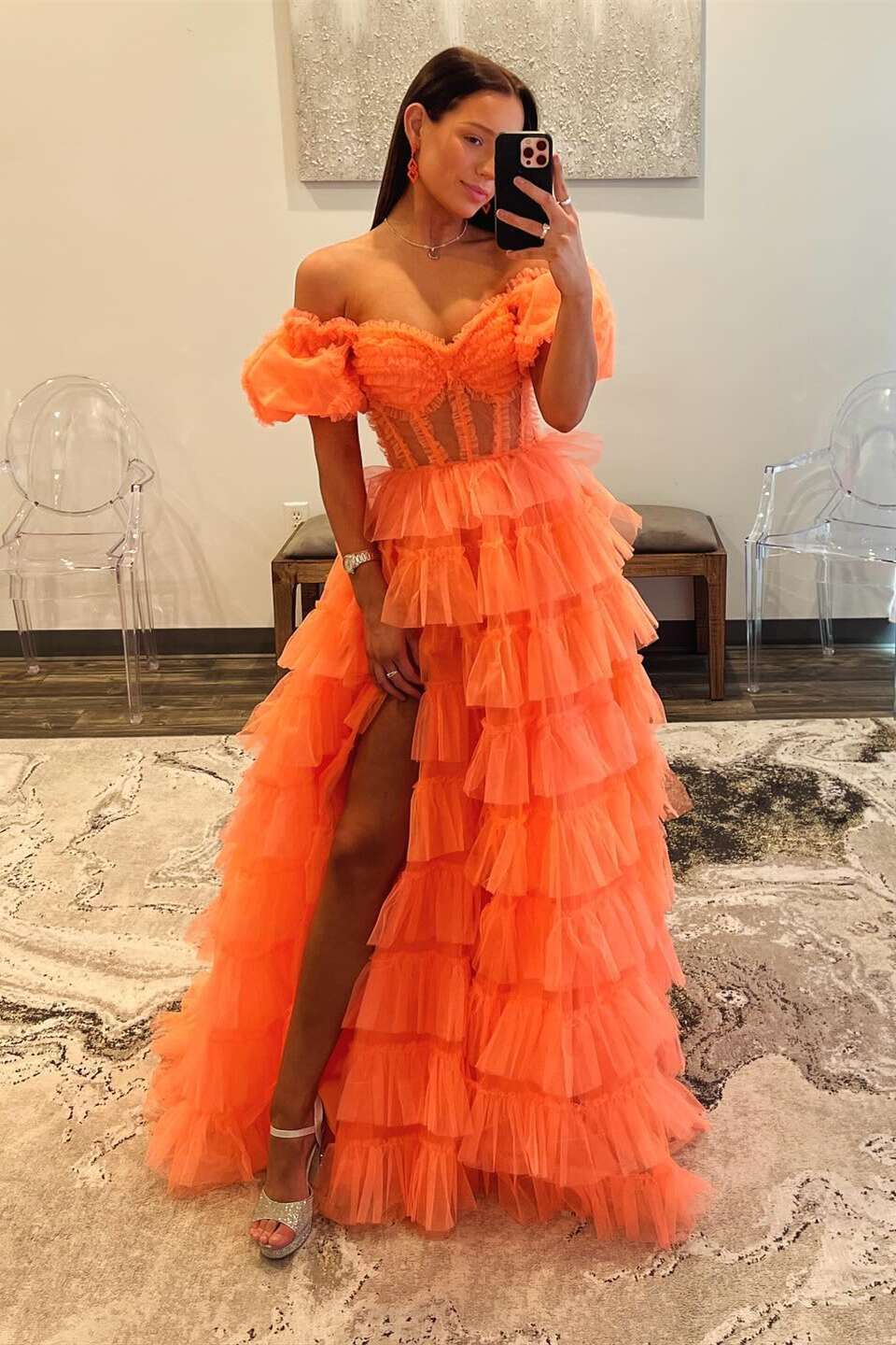 Orange Ruffle Off-the-shoulder A-line Prom Dress