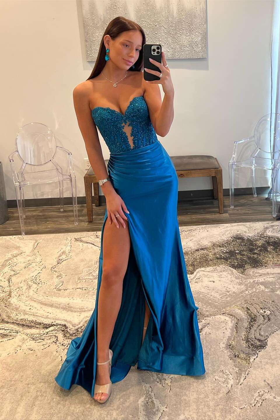 Appliques Blue Sweetheart Mermaid Prom Dress with Slit