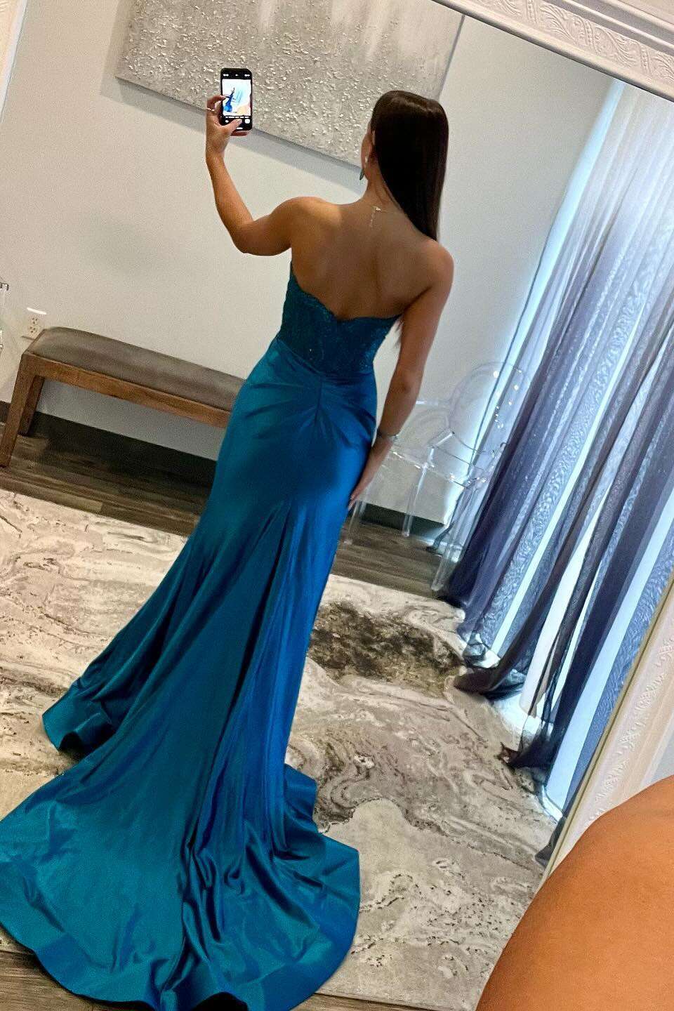 Appliques Blue Sweetheart Mermaid Prom Dress with Slit