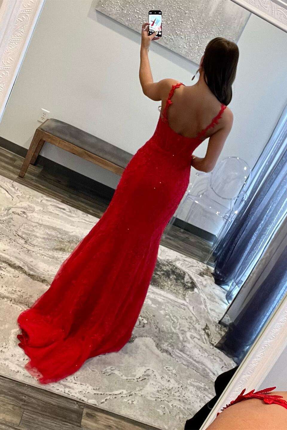 Red Lace Appliques Long Mermaid Prom Dress