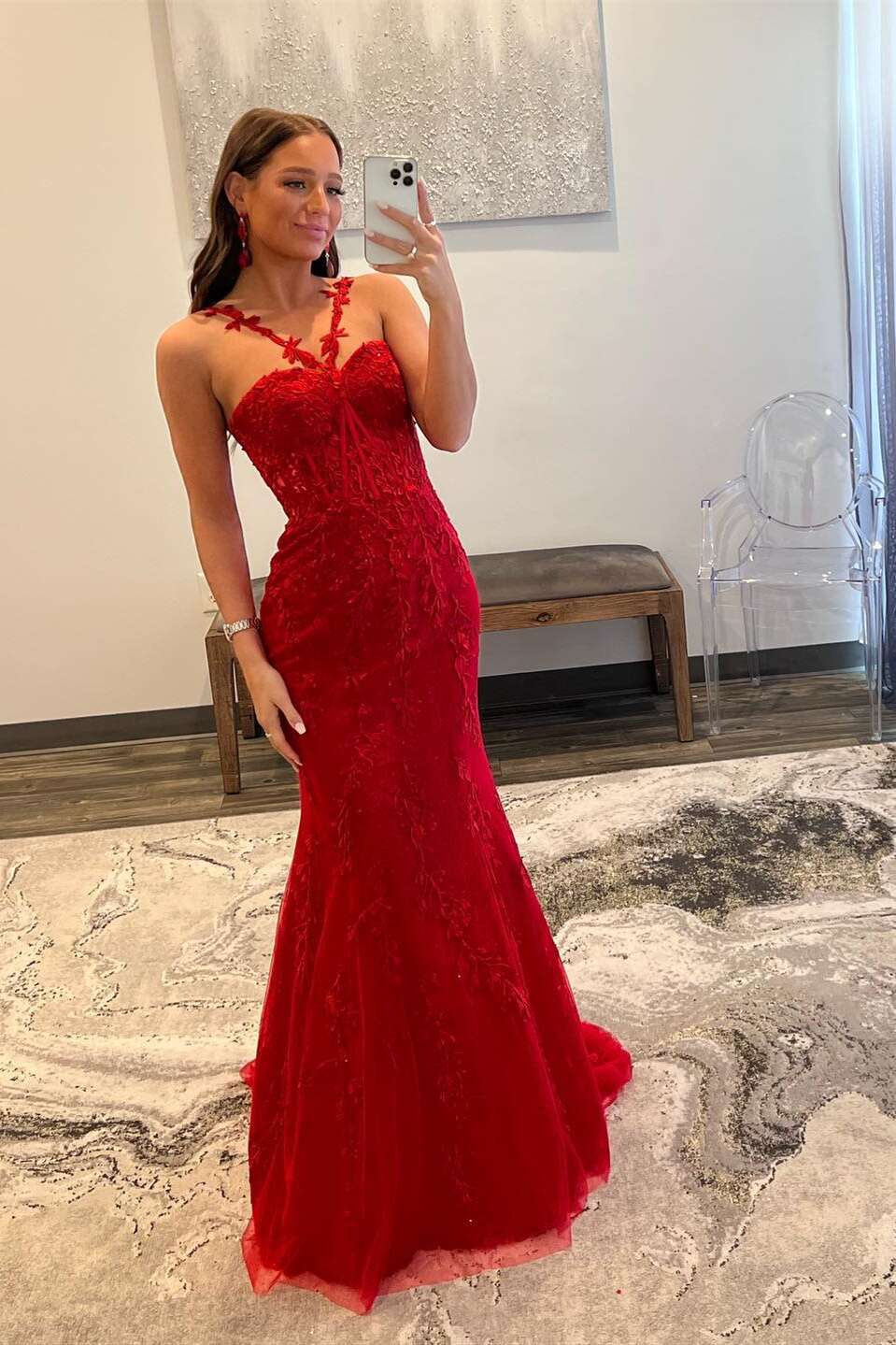 Red Lace Appliques Long Mermaid Prom Dress