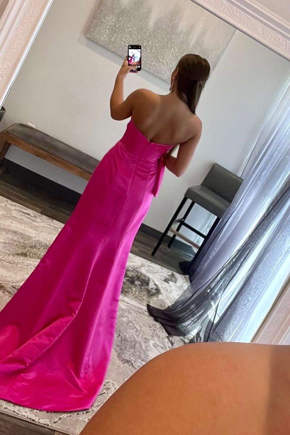 Fuchsia V-neck Ruched Side Slit Prom Dress with Bow
