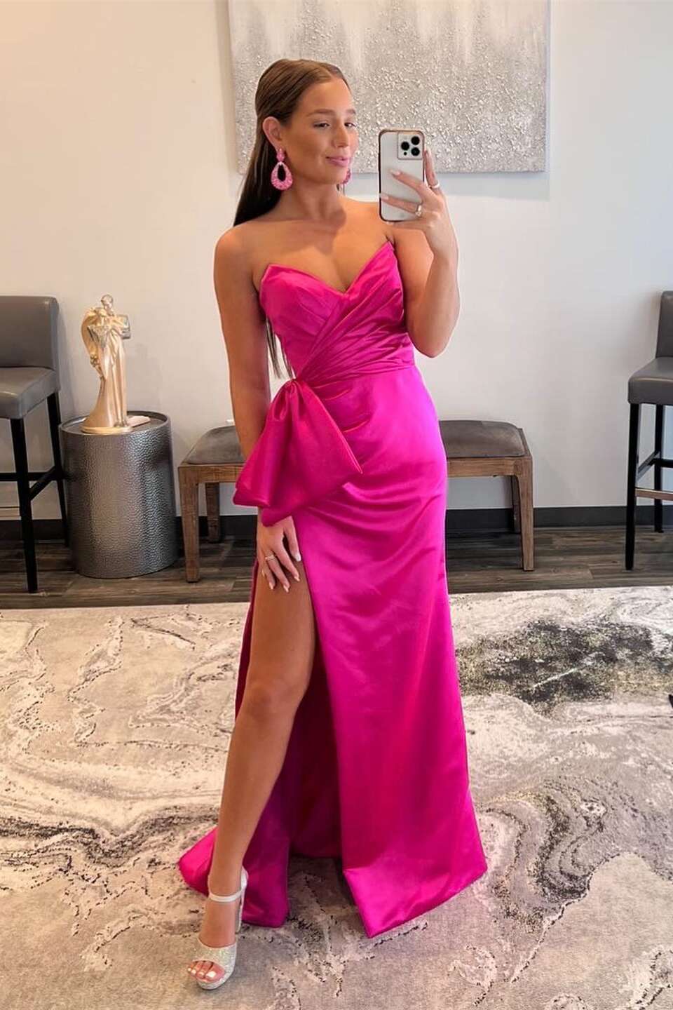 Fuchsia V-neck Ruched Side Slit Prom Dress with Bow