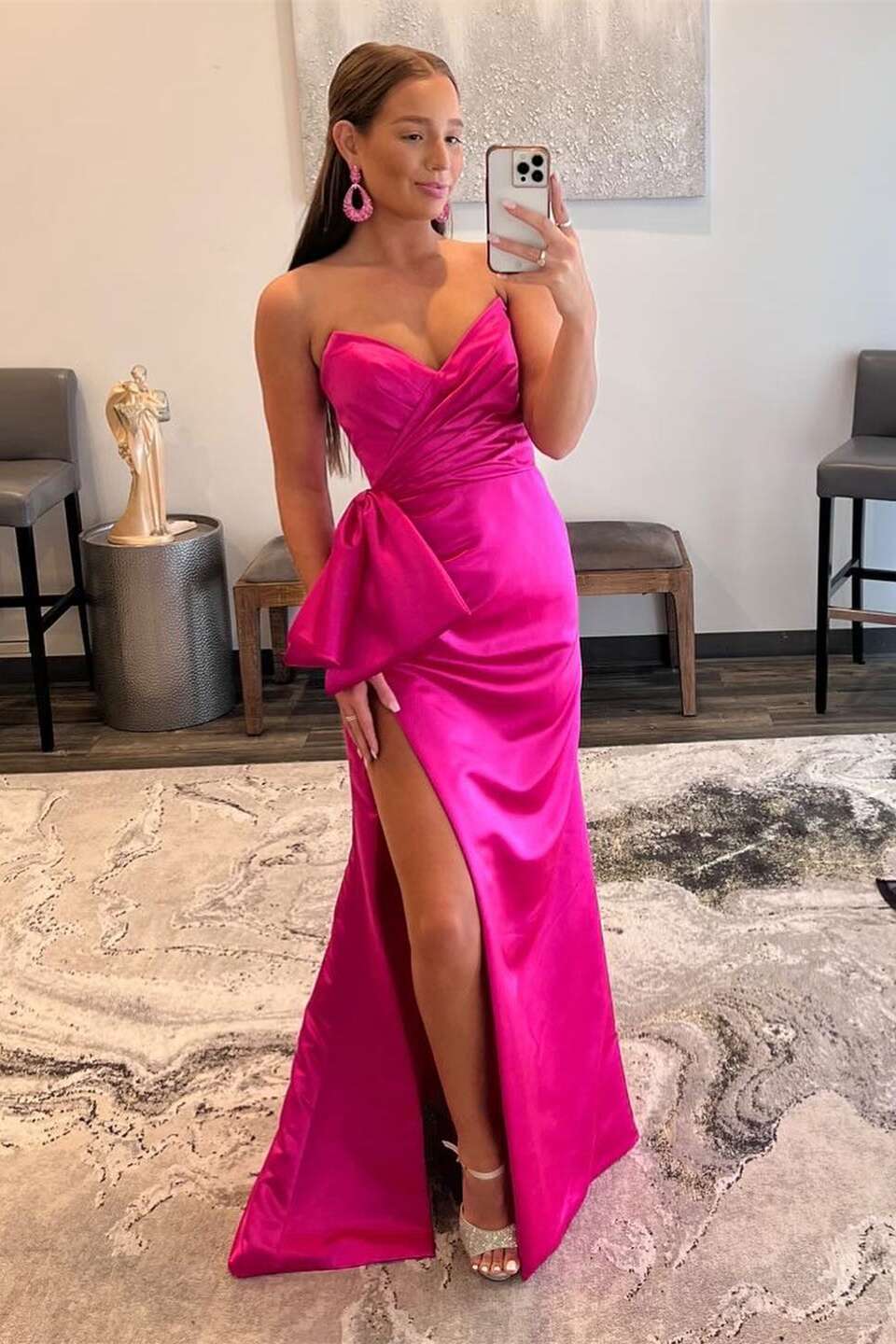 Fuchsia V-neck Ruched Side Slit Prom Dress with Bow