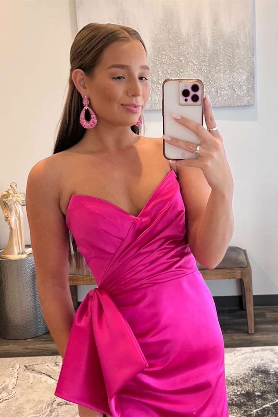 Fuchsia V-neck Ruched Side Slit Prom Dress with Bow