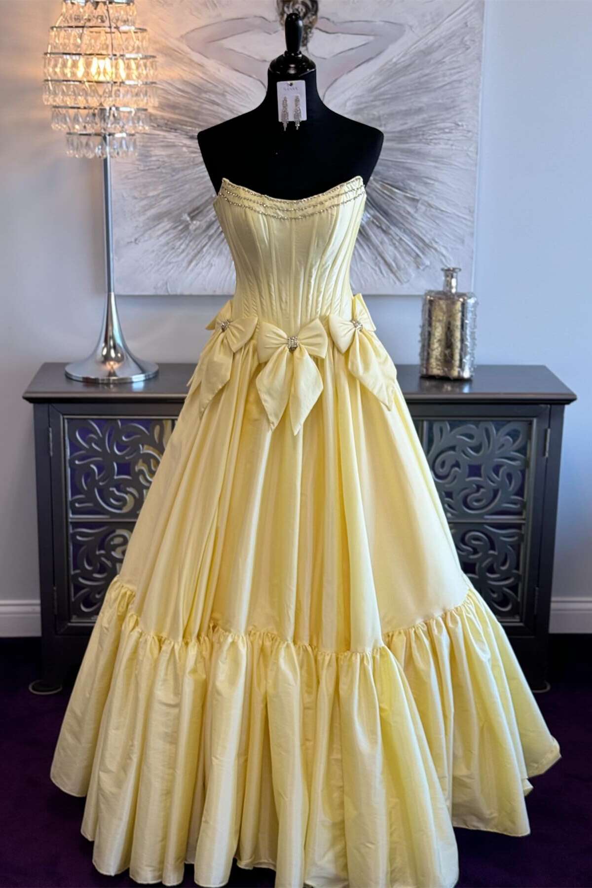 Strapless Beaded Yellow A-line Prom Dress with Bow