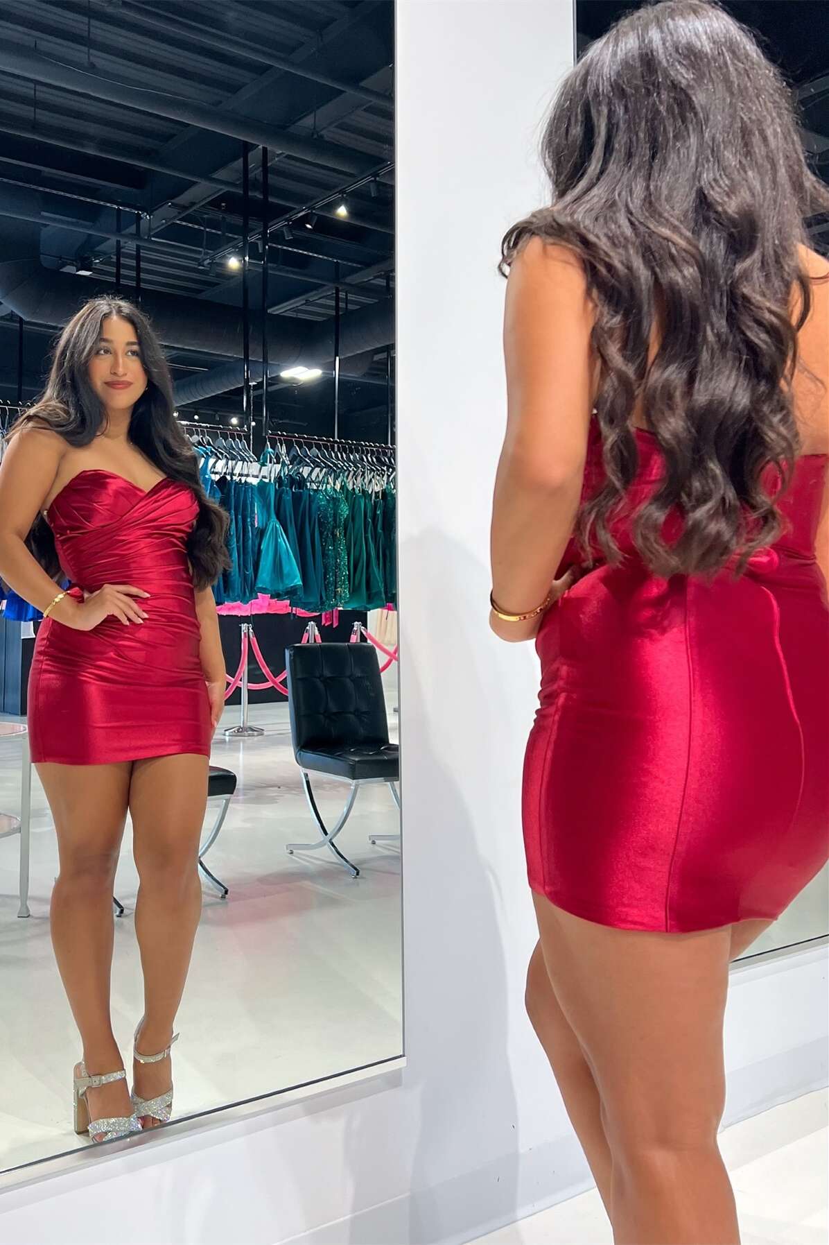 Red Strapless Ruched Fitted Homecoming Dress