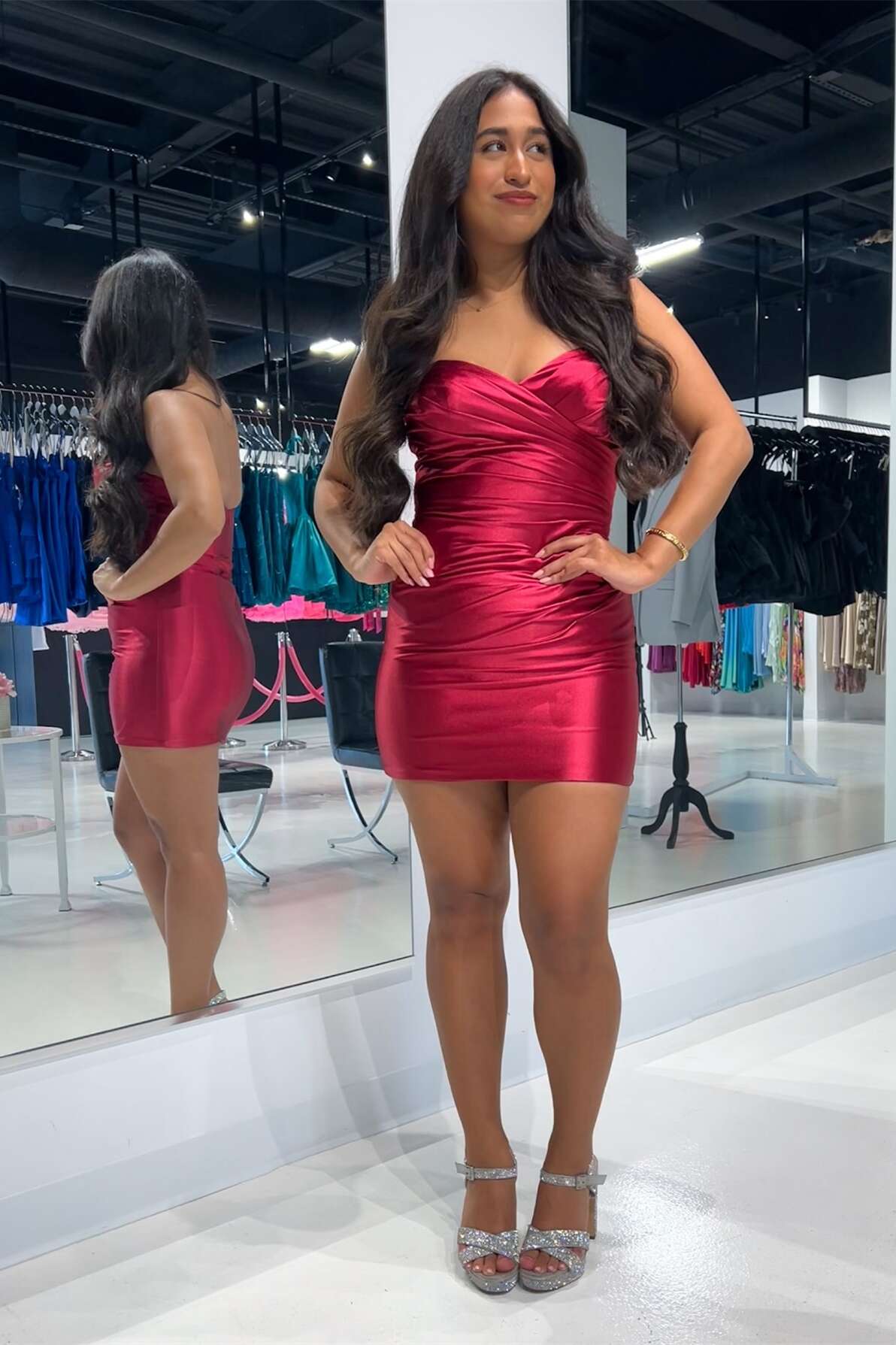 Red Strapless Ruched Fitted Homecoming Dress